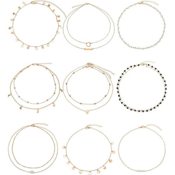 9 Pieces Gold Layering Chain Choker Necklace Layered Pendant Statement - Picture 1 of 7